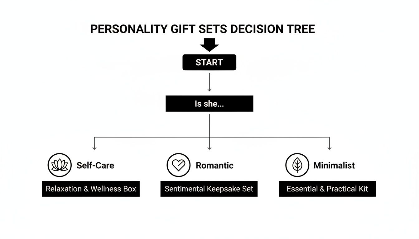 A decision tree flowchart for personality gift sets, guiding users to choose gifts based on Self-Care, Romantic, or Minimalist preferences.