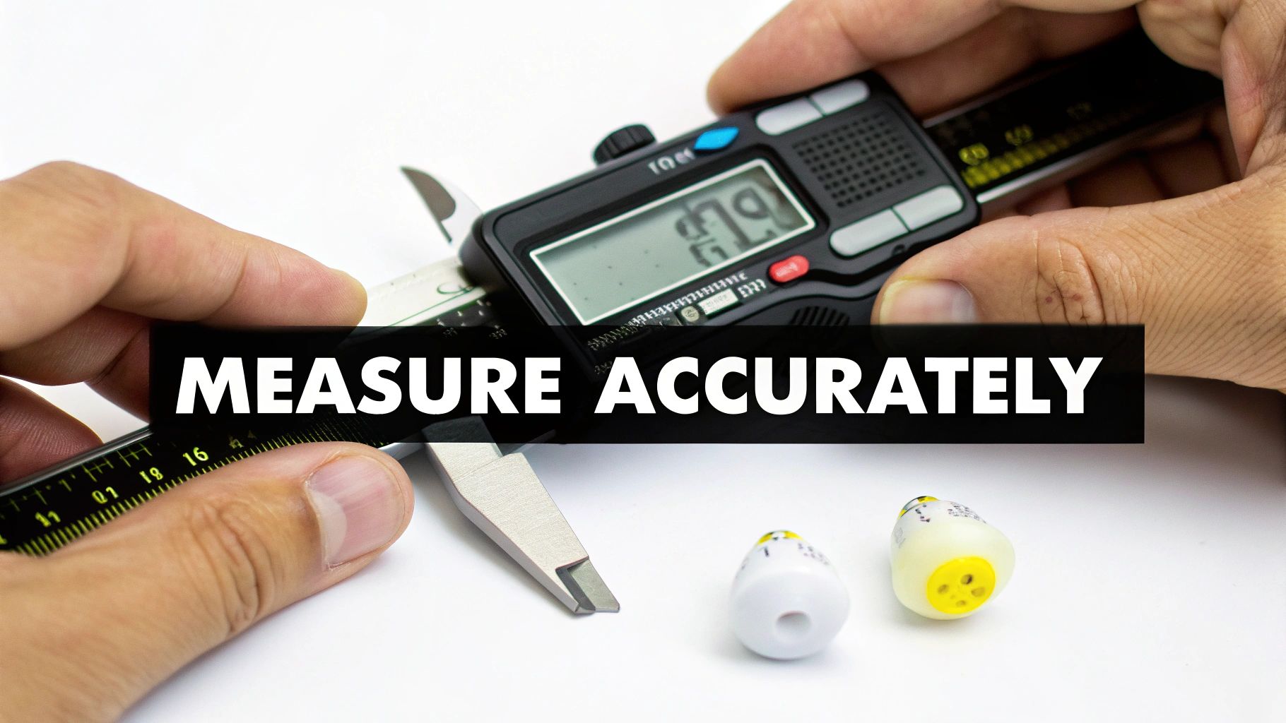 Hands using a digital caliper to measure an object, with two ear gauges nearby and text 'MEASURE ACCURATELY'.
