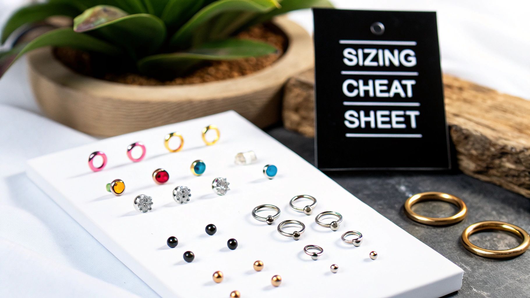 A display of various body jewelry pieces, including studs, rings, and beads, with a sizing cheat sheet.