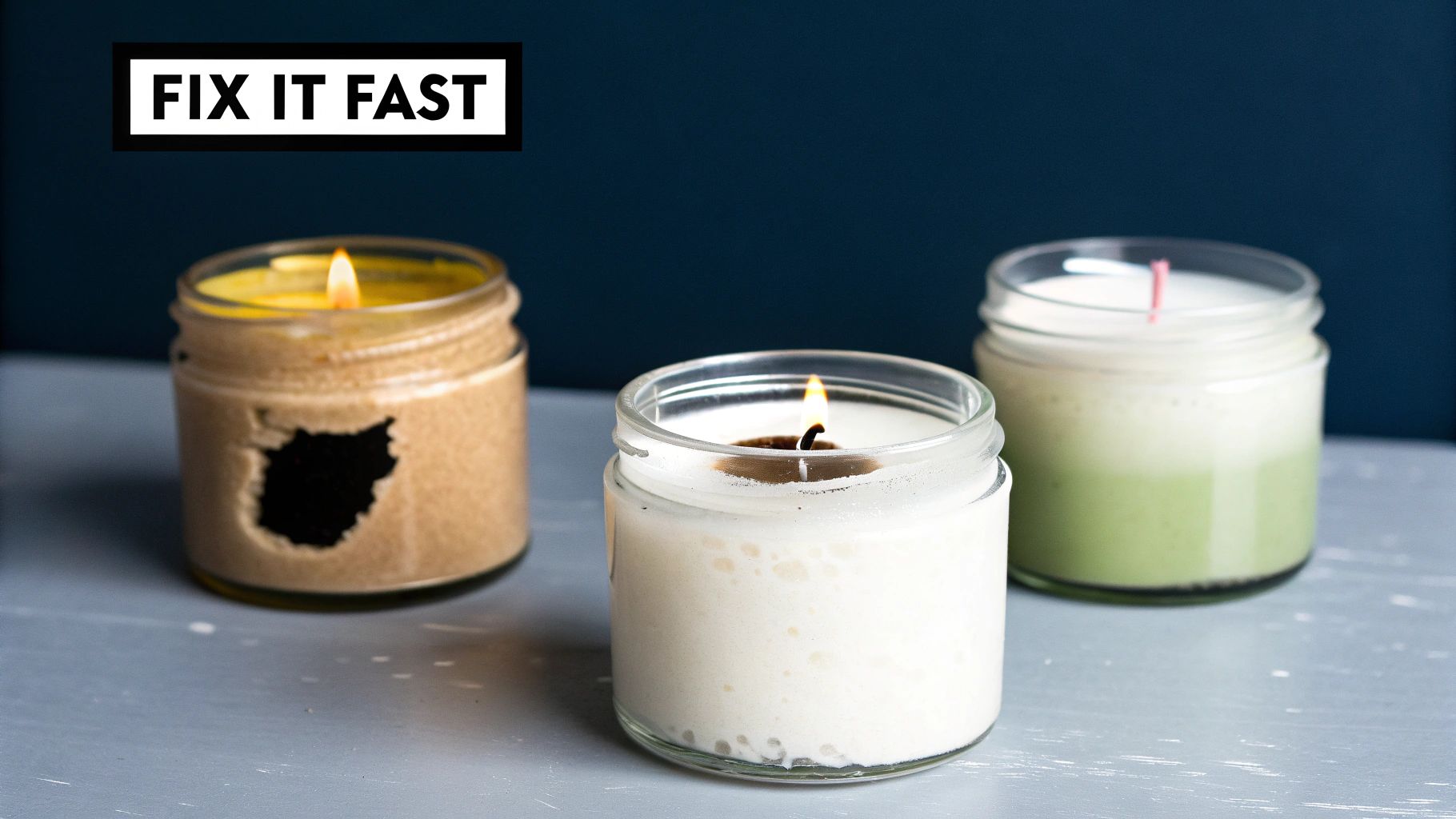 Three homemade scented soy candles in glass jars, one yellow, one white, and one green.