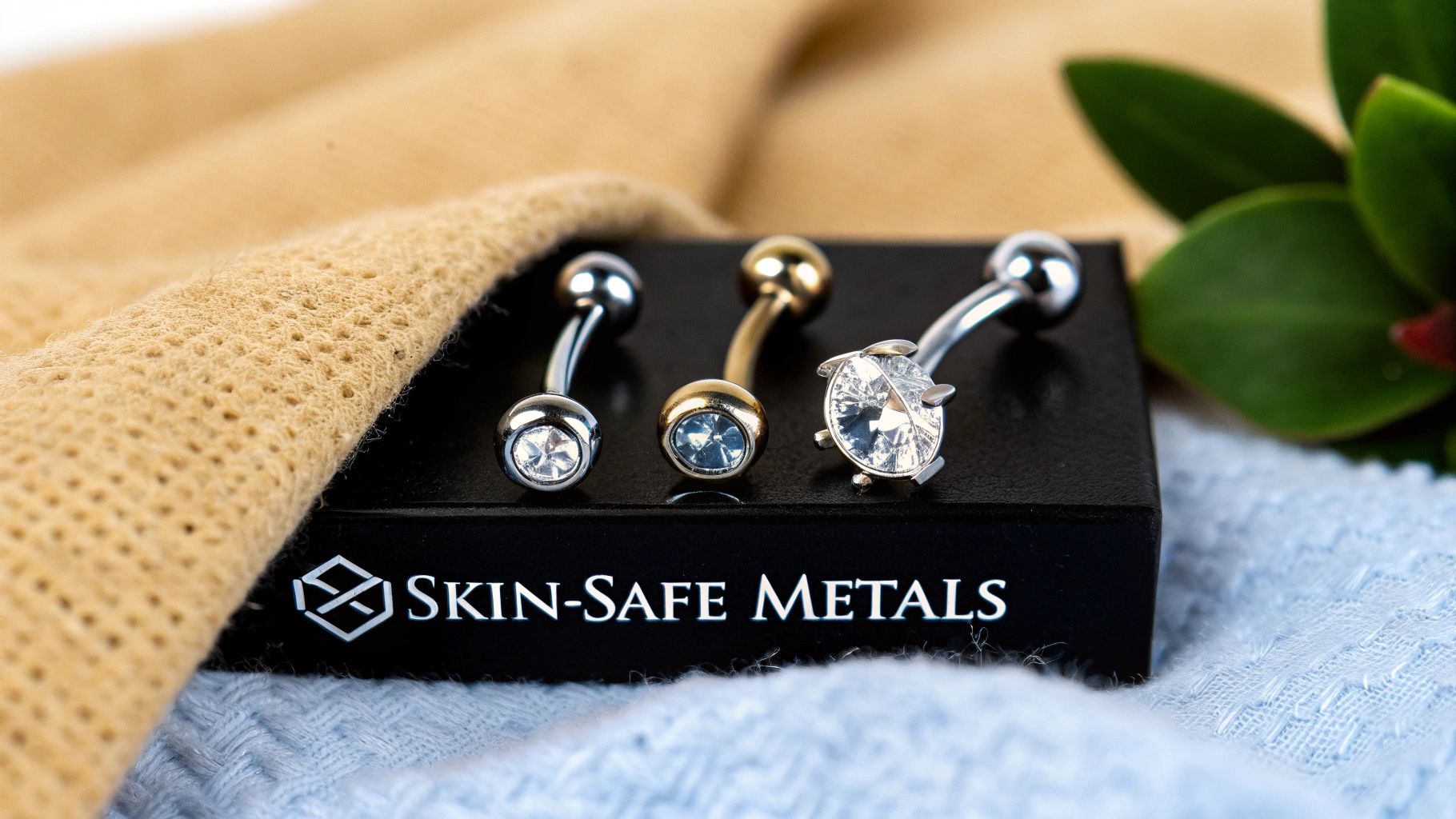 Three sparkling belly button rings in silver and gold, featuring clear and blue gems, displayed on a "SKIN-SAFE METALS" box.