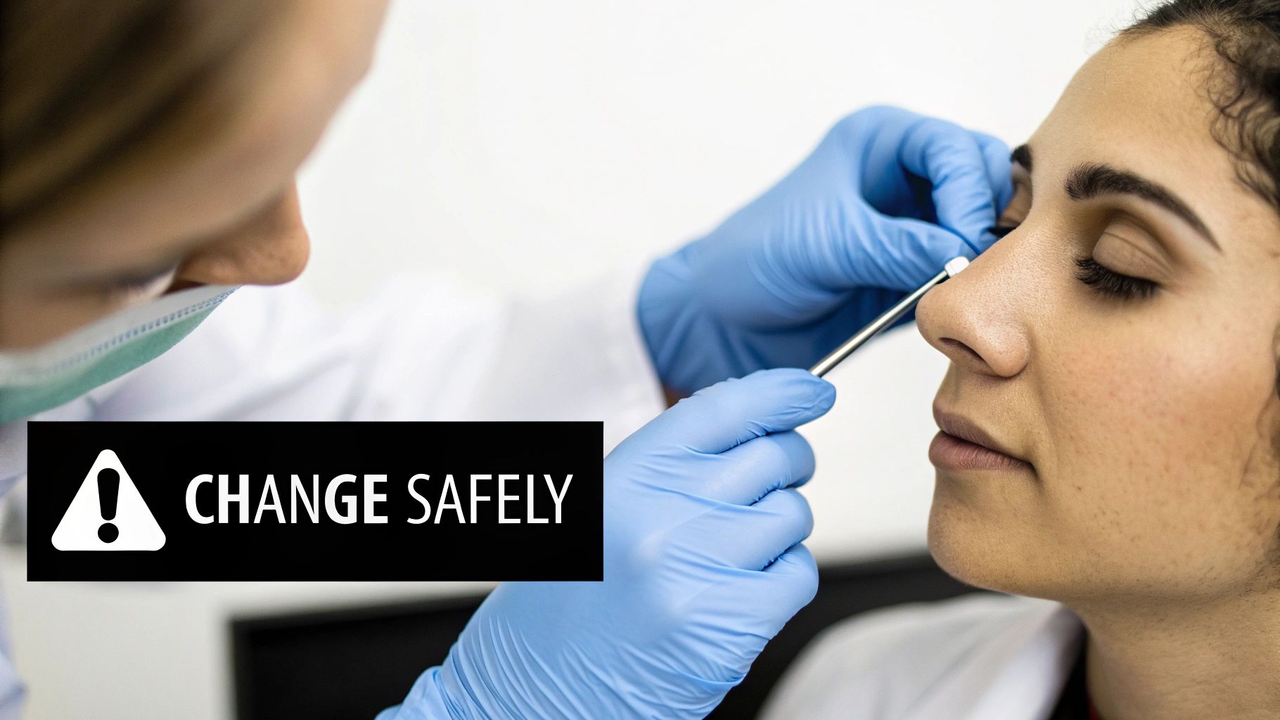 A professional in gloves and mask performing a nose piercing on a person, with 'CHANGE SAFELY' text overlay.