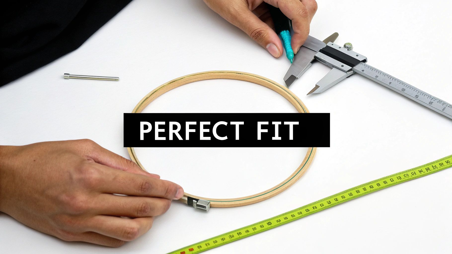Hands measuring a wooden embroidery hoop with a caliper and measuring tape for a perfect fit.