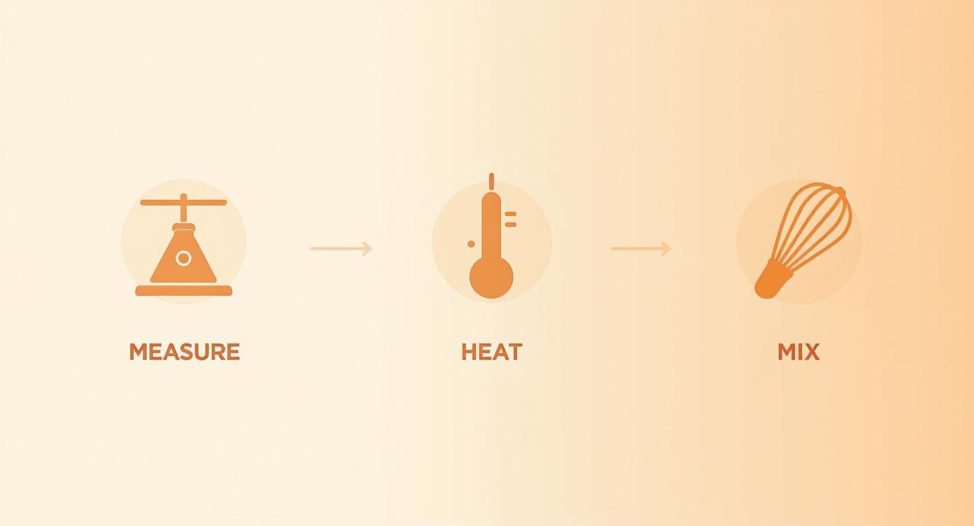 Three cooking steps: measuring ingredients with a scale, heating with a thermometer, and mixing with a whisk.
