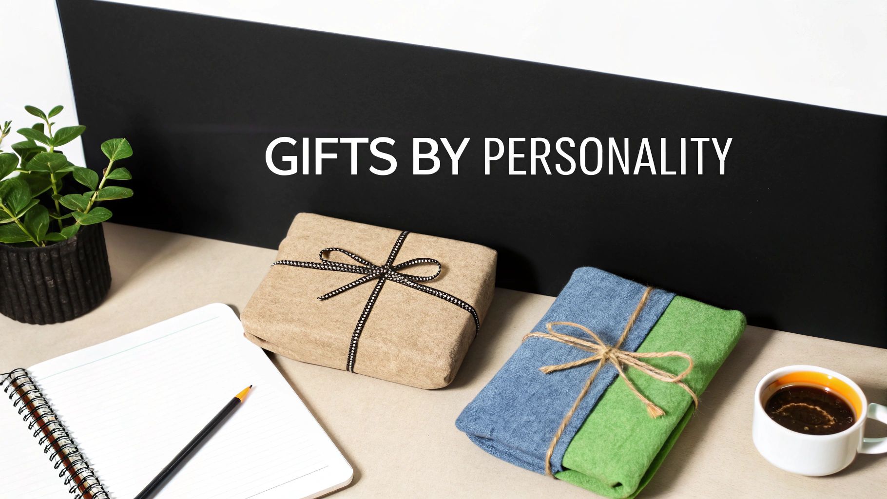 Two attractively wrapped gifts with a plant, notebook, coffee, and 'Gifts by Personality' text on a desk.