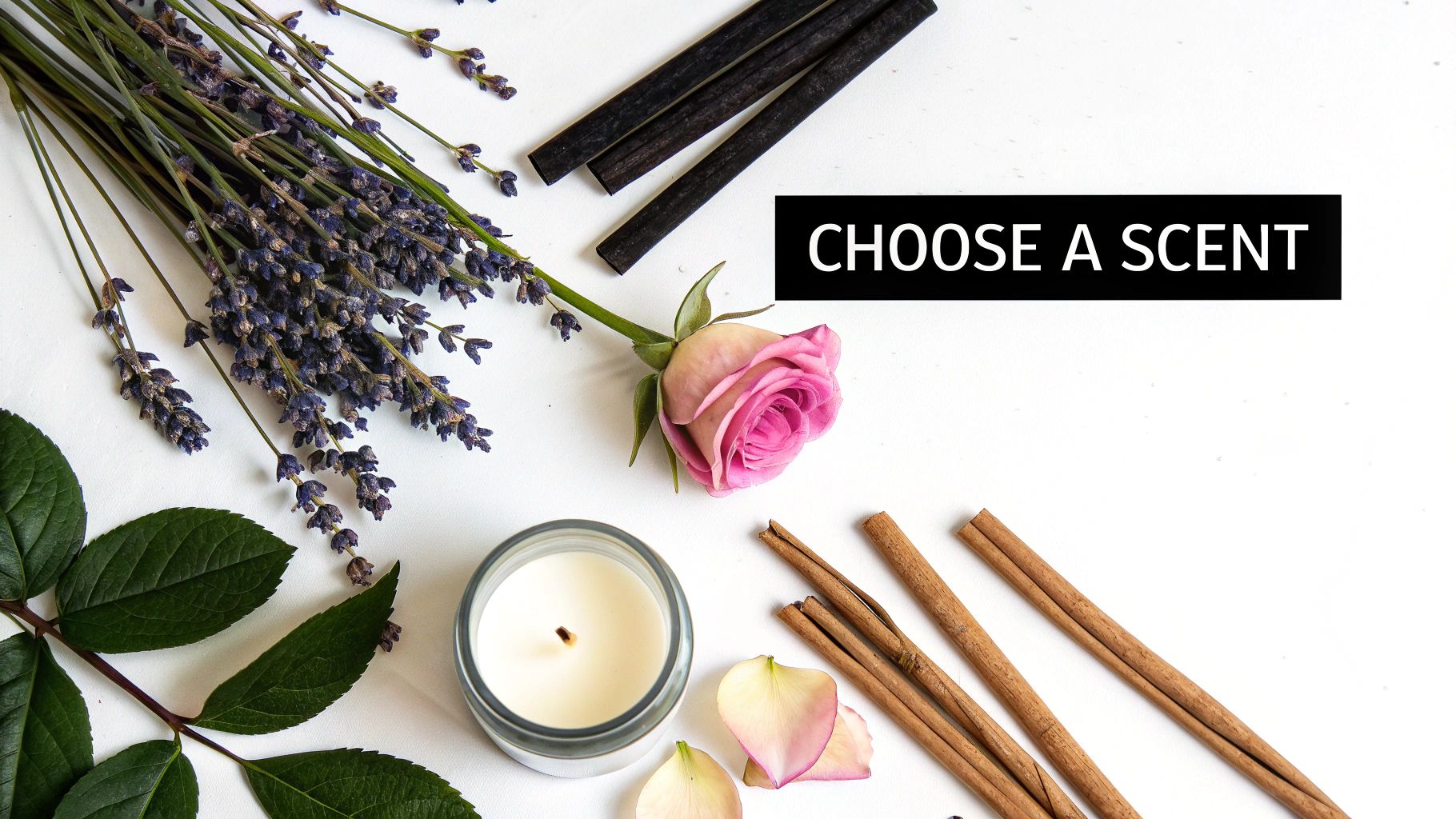 Aromatic display with lavender, a pink rose, candle, cinnamon, and vanilla on white, with 'CHOOSE A SCENT' text.