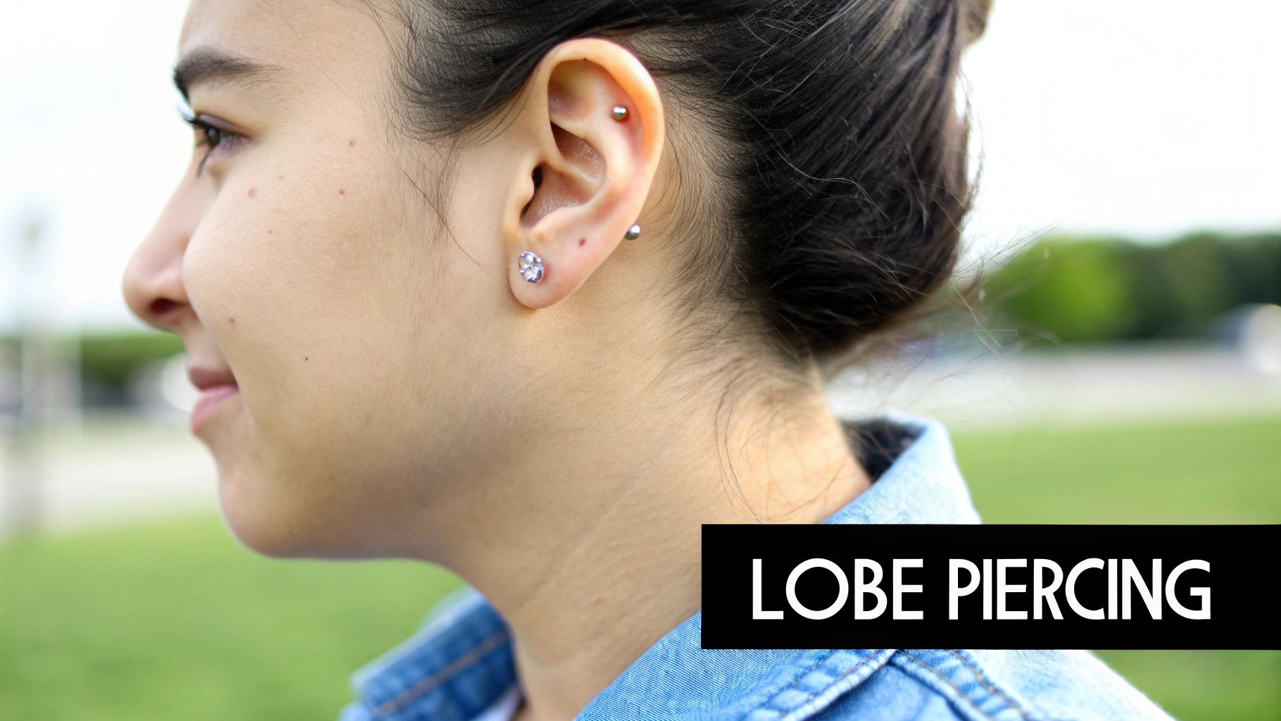 Close-up of a woman's ear featuring a sparkling lobe piercing and a helix piercing.