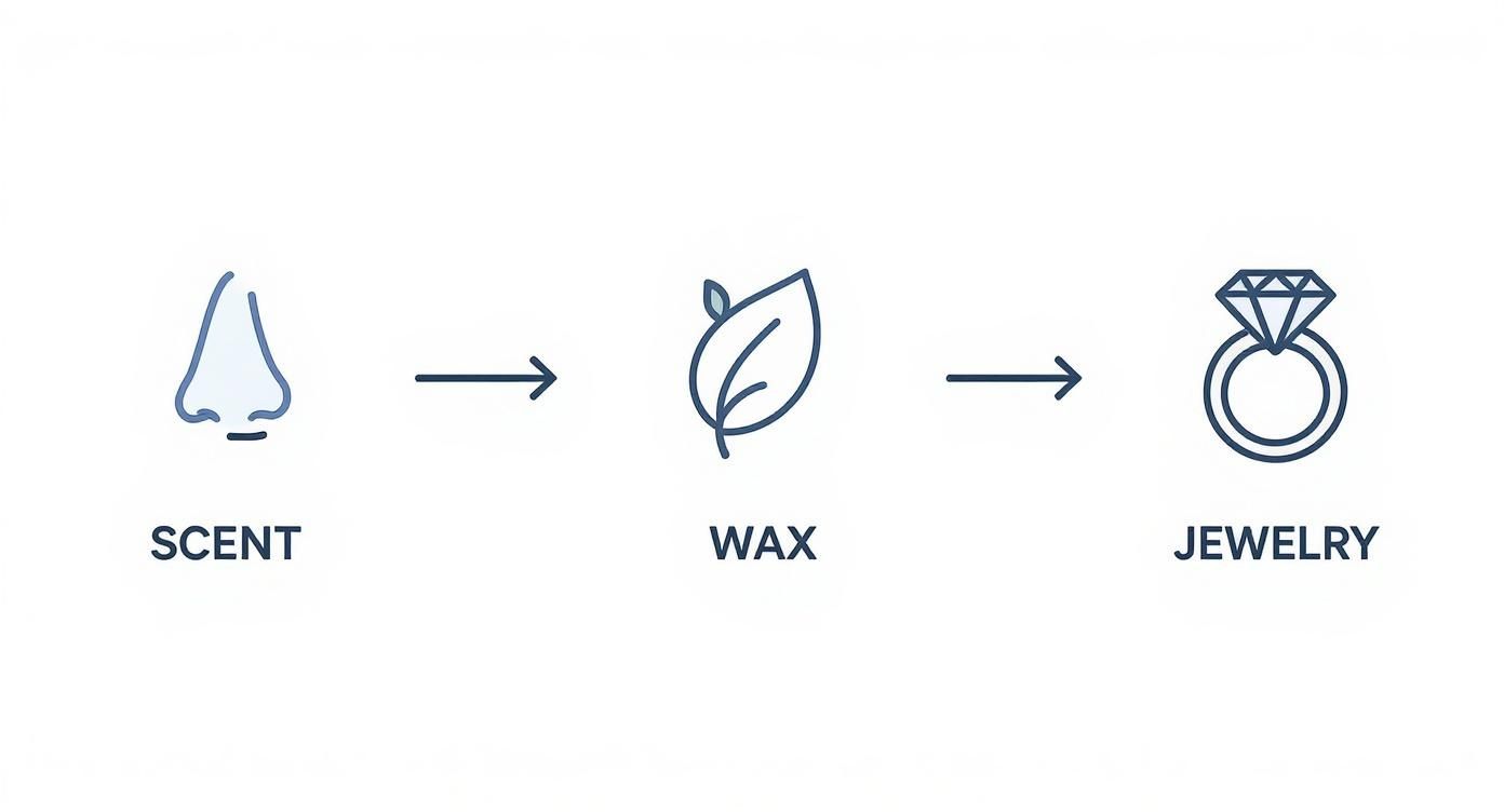 Diagram showing progression from scent to wax to jewelry in candle making process