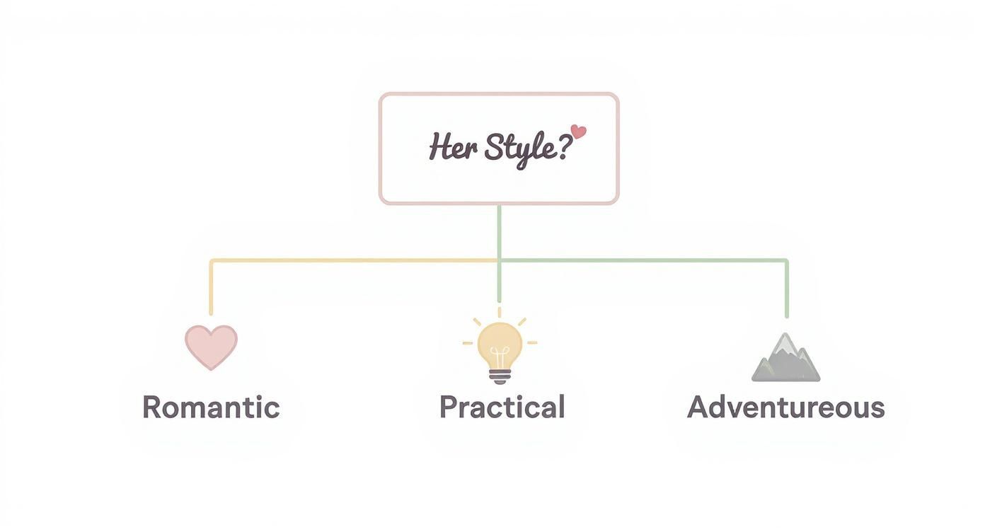 A diagram asking 'Her Style?' branching into Romantic, Practical, and Adventurous categories with icons.