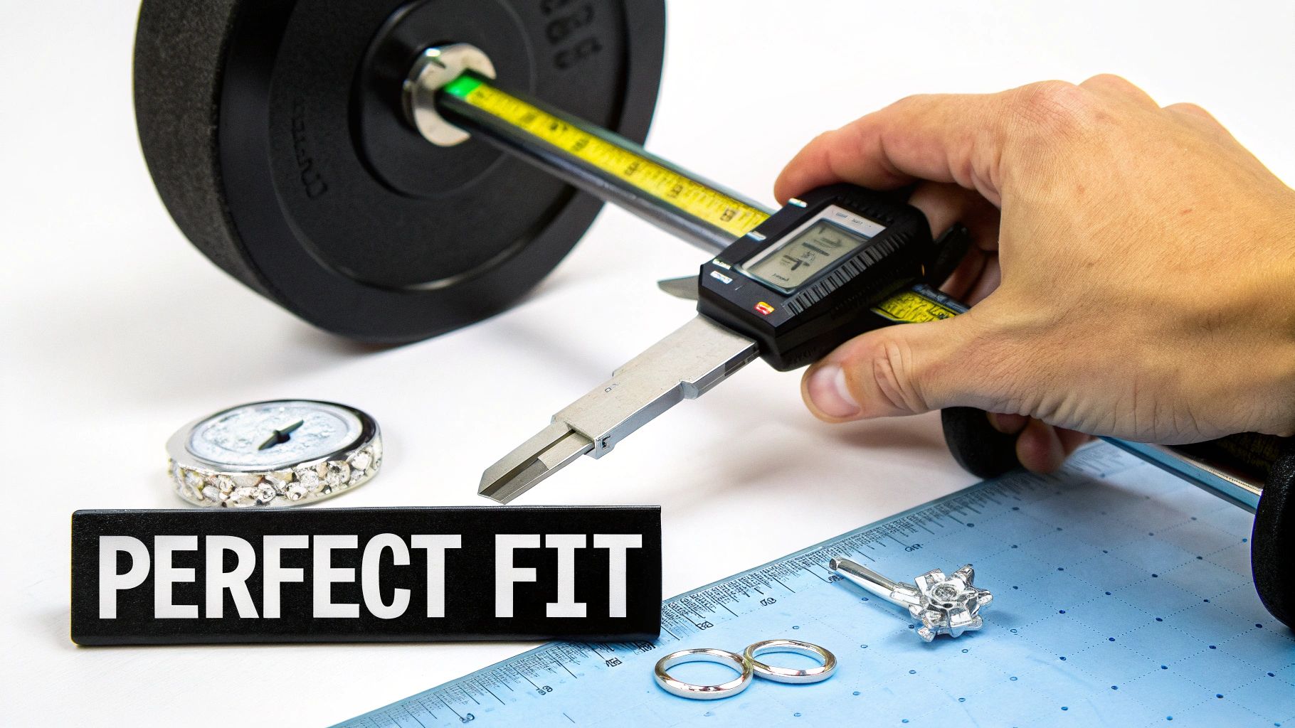 A hand measures a barbell with a digital caliper, displaying 'PERFECT FIT' on a sign.