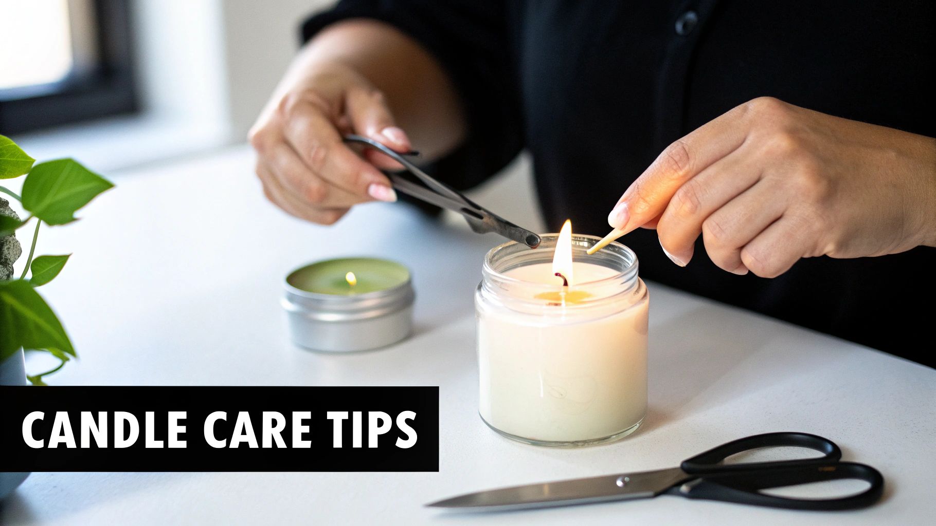 Hands trimming a candle wick and lighting another candle, demonstrating proper candle care tips.