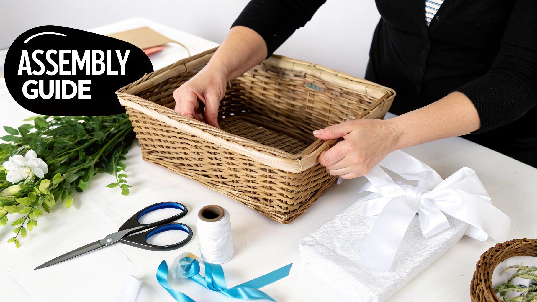 Hands assembling a wicker gift basket with ribbons, scissors, and greenery on a white table, showing an assembly guide.