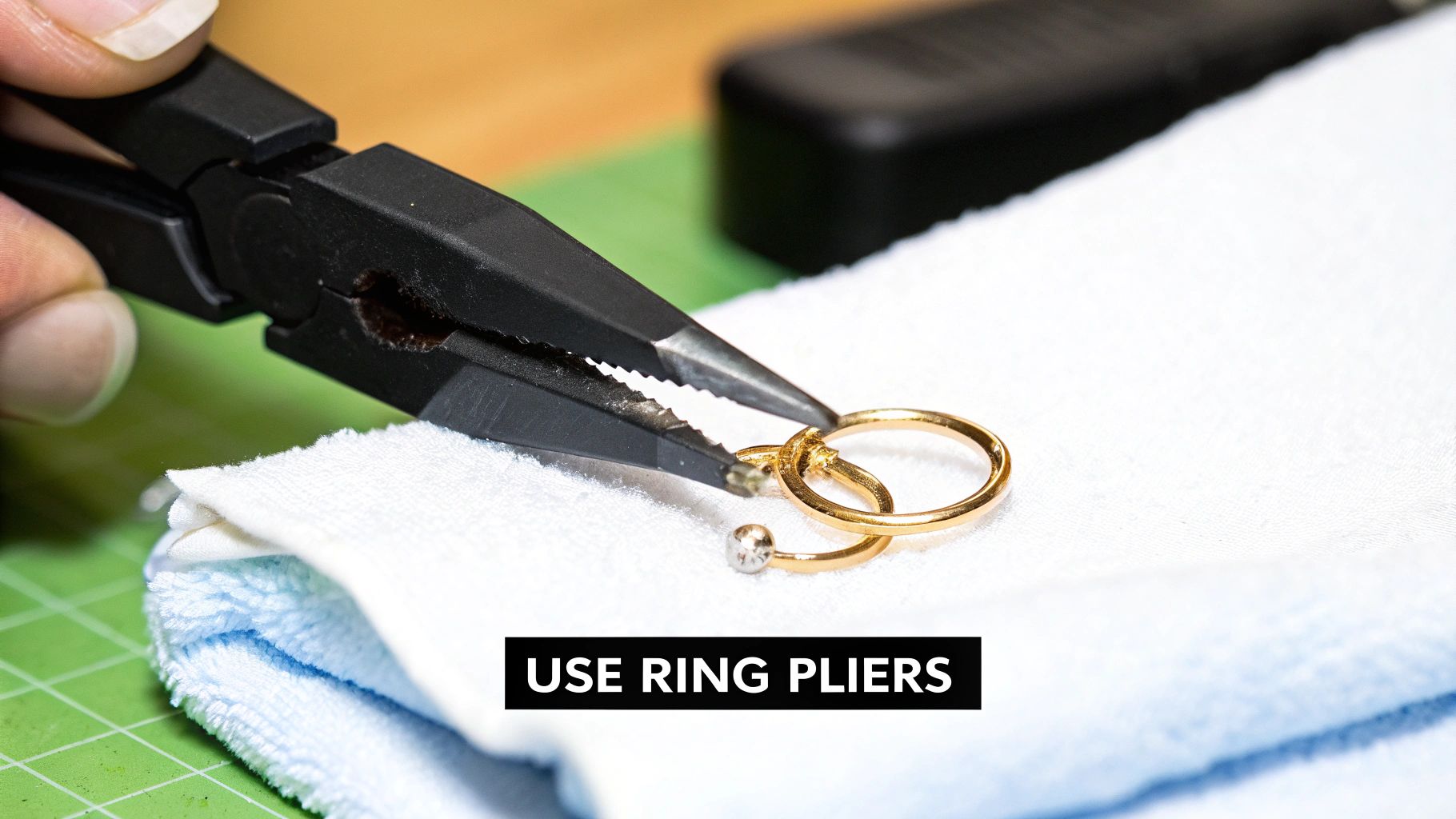 A person uses black ring pliers to open or close golden jewelry rings on a white cloth.