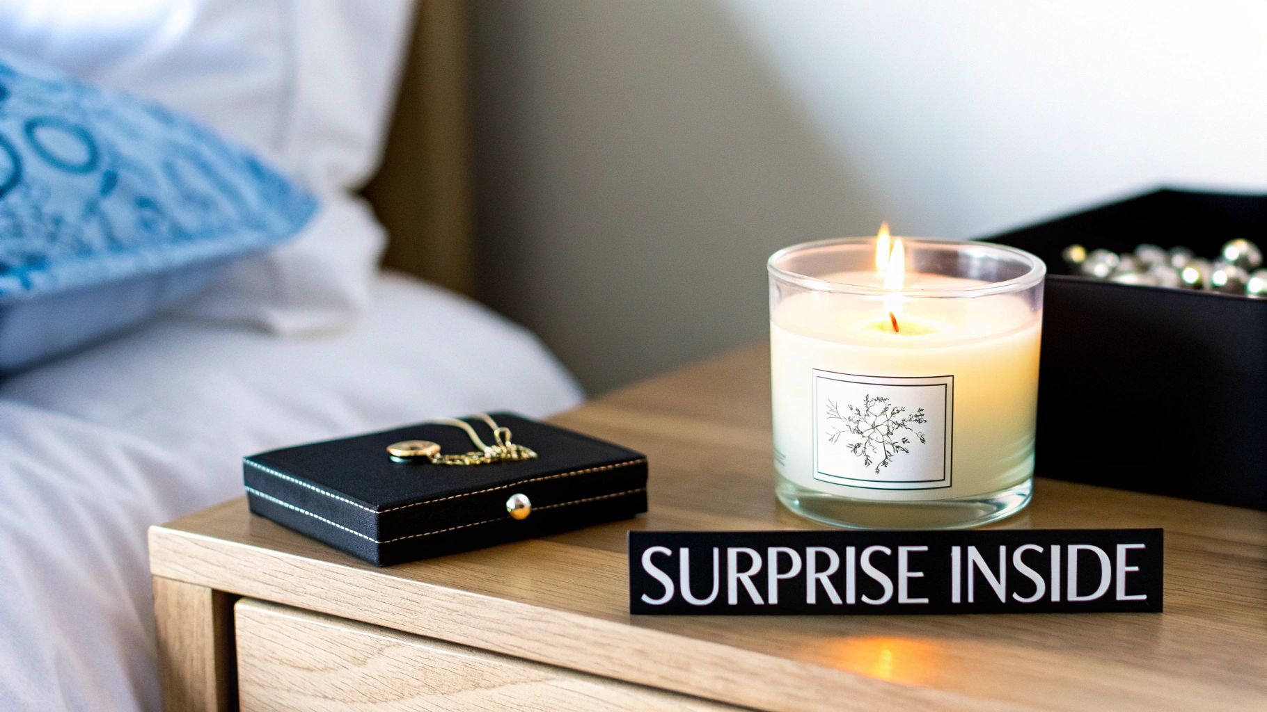 A surprise jewelry candle with a piece of jewelry being revealed as the wax melts.