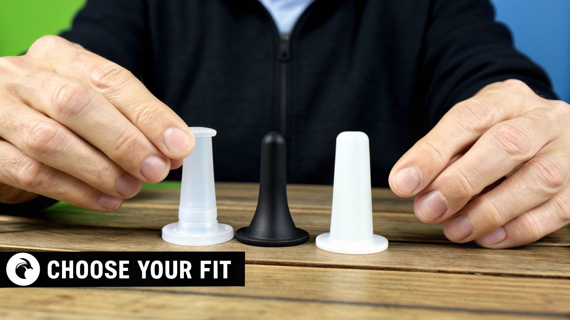 A collection of ear stretching tools including tapers and plugs on a wooden surface.