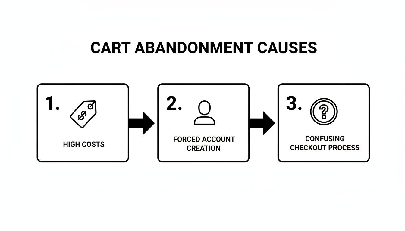 A diagram outlining three primary causes of cart abandonment: high costs, forced account creation, and a confusing checkout process.