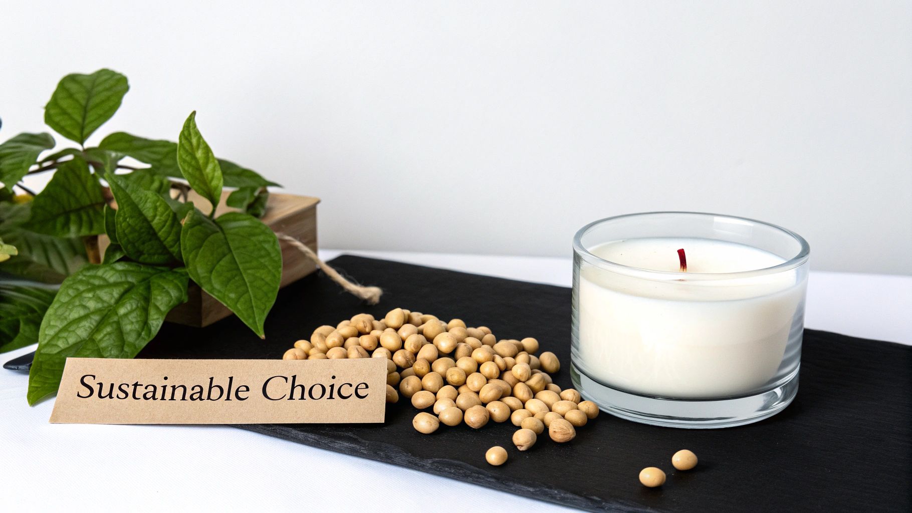 A soy wax candle in glass, soybeans, and a 'Sustainable Choice' sign on slate.