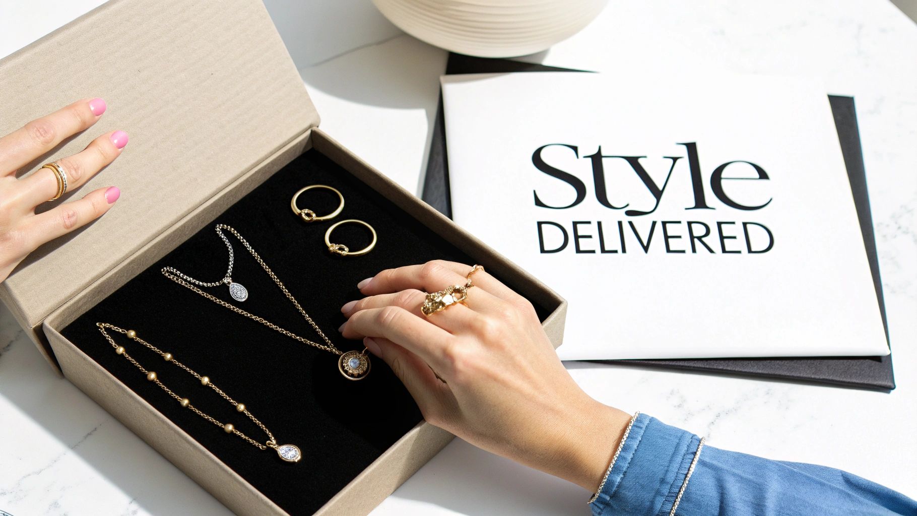 A woman wearing a stylish necklace and earrings from a subscription box