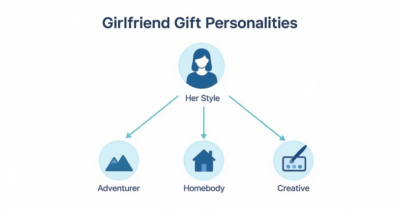 Infographic showing girlfriend gift personalities: Her Style, leading to Adventurer, Homebody, and Creative.