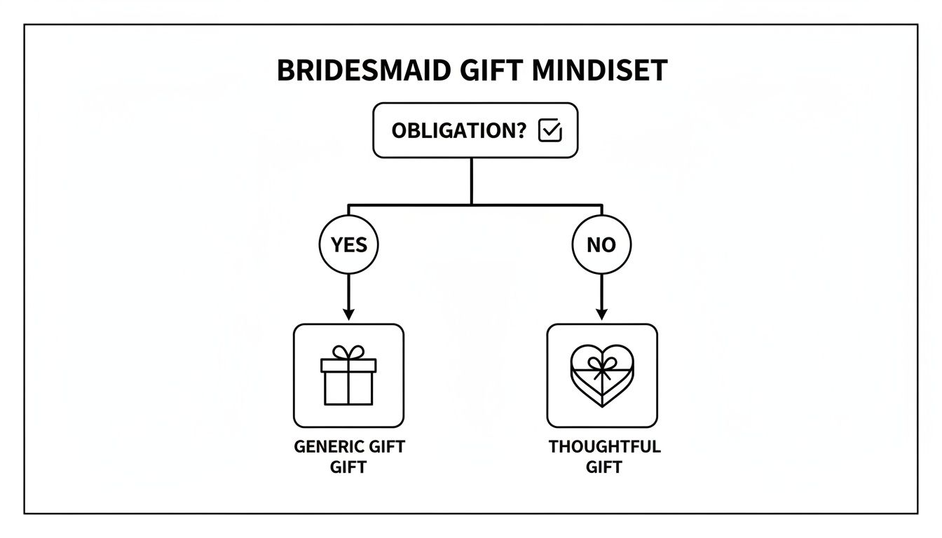 A flowchart illustrating the bridesmaid gift mindset, showing generic gifts from obligation and thoughtful gifts from choice.