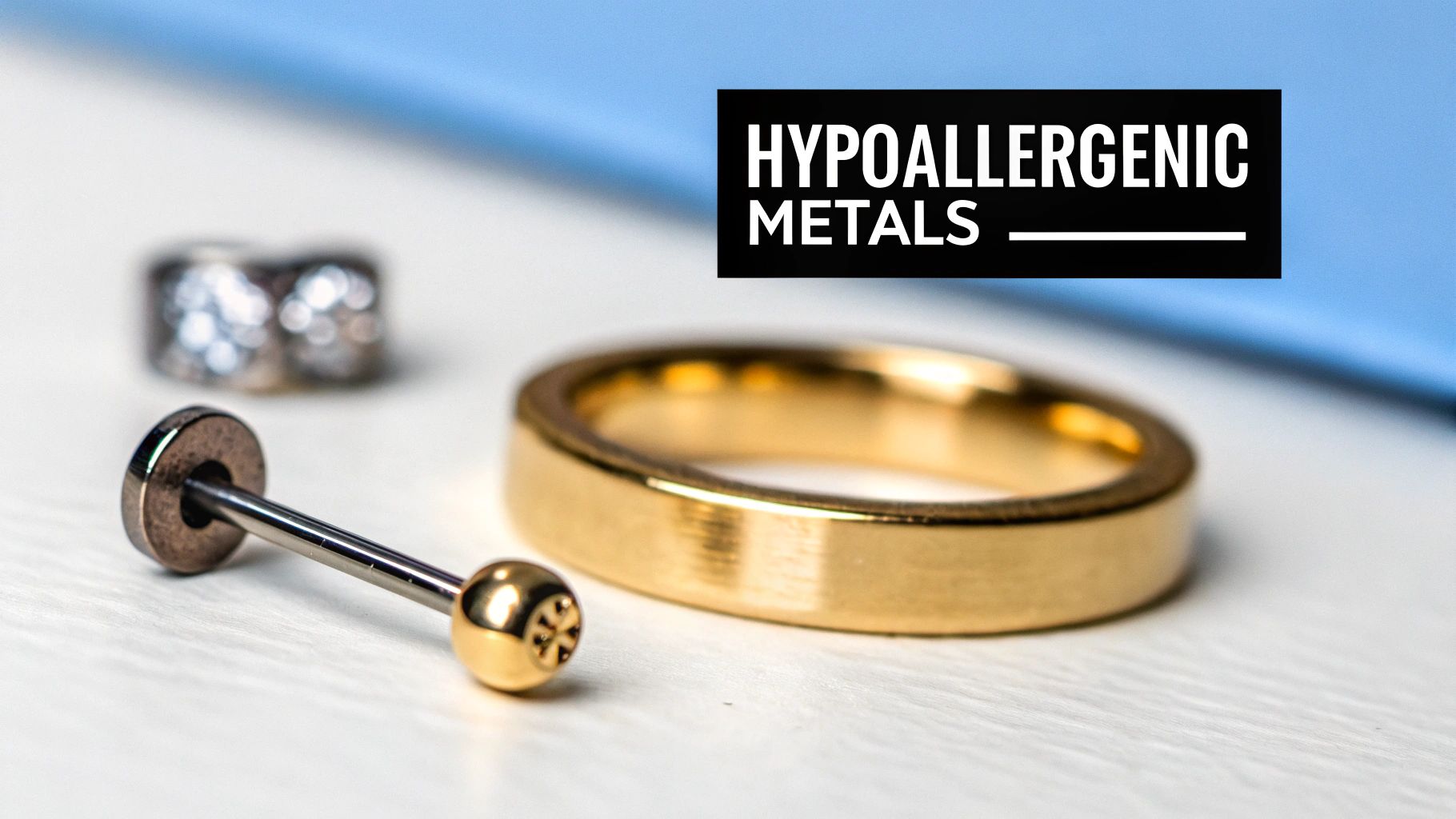 A close-up of several types of high-quality, hypoallergenic body jewelry, including titanium and gold pieces, arranged neatly.