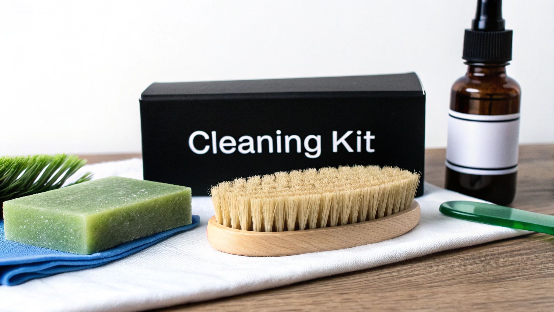 A clean, organized kit of body jewelry cleaning supplies including mild soap, a soft brush, and sterile saline solution on a white background.