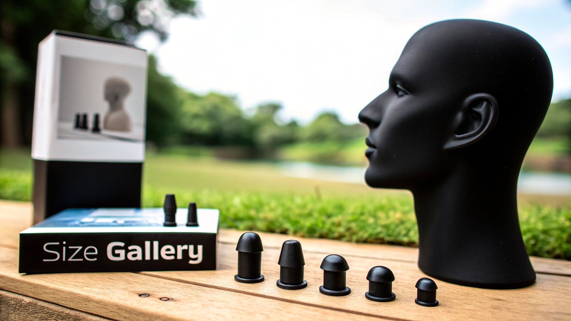 Black ear gauges of various sizes, a mannequin head, and a 'Size Gallery' box displayed outdoors on wood.