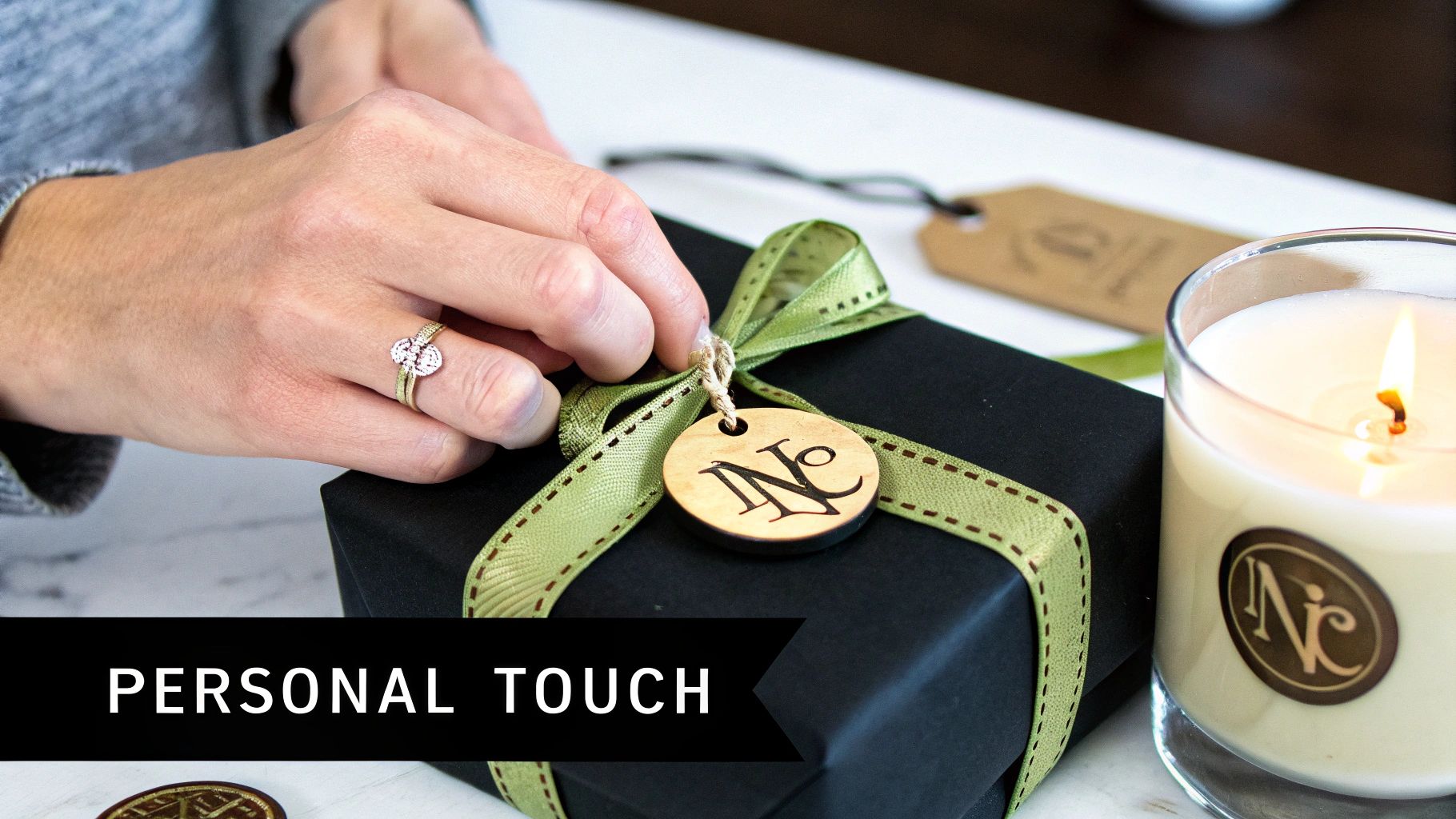 Close-up of hands tying a green ribbon on a black gift box with a wooden tag, next to a lit candle.