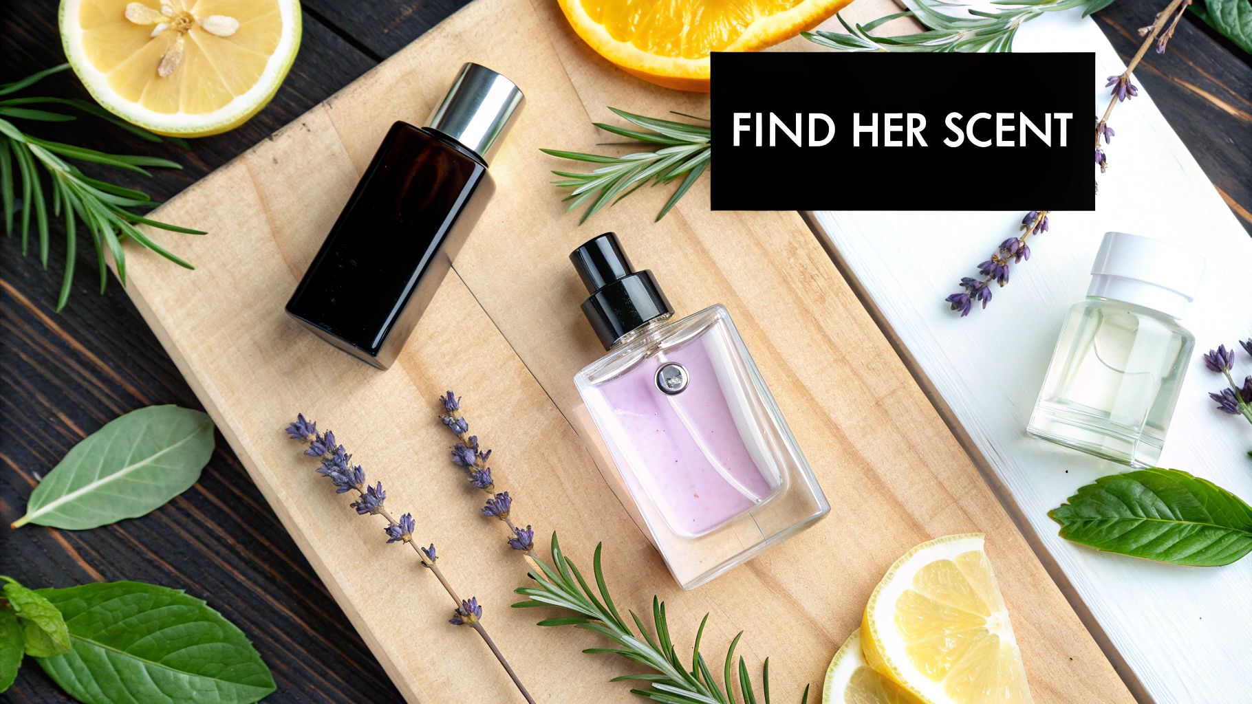 A collection of scented candles with different natural ingredients like flowers and spices.