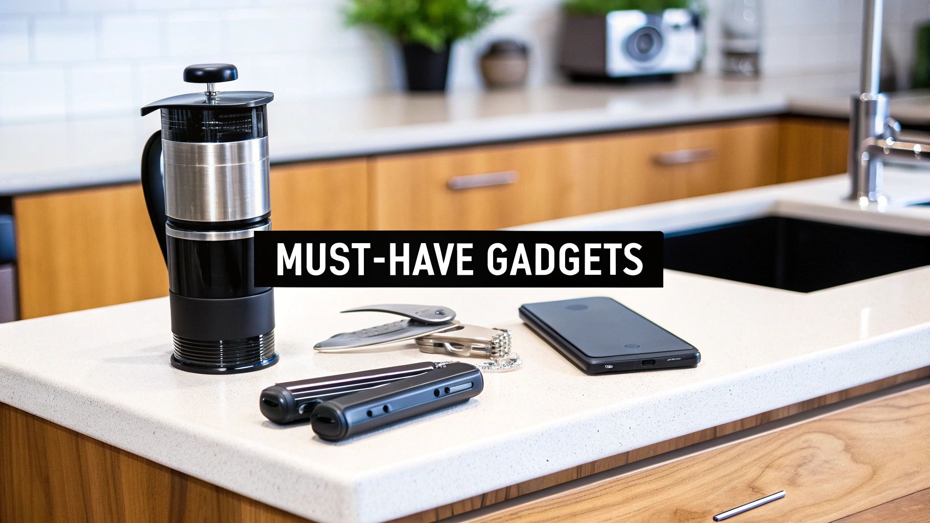 A collection of must-have gadgets including a French press, smartphone, and multi-tool on a modern kitchen counter.
