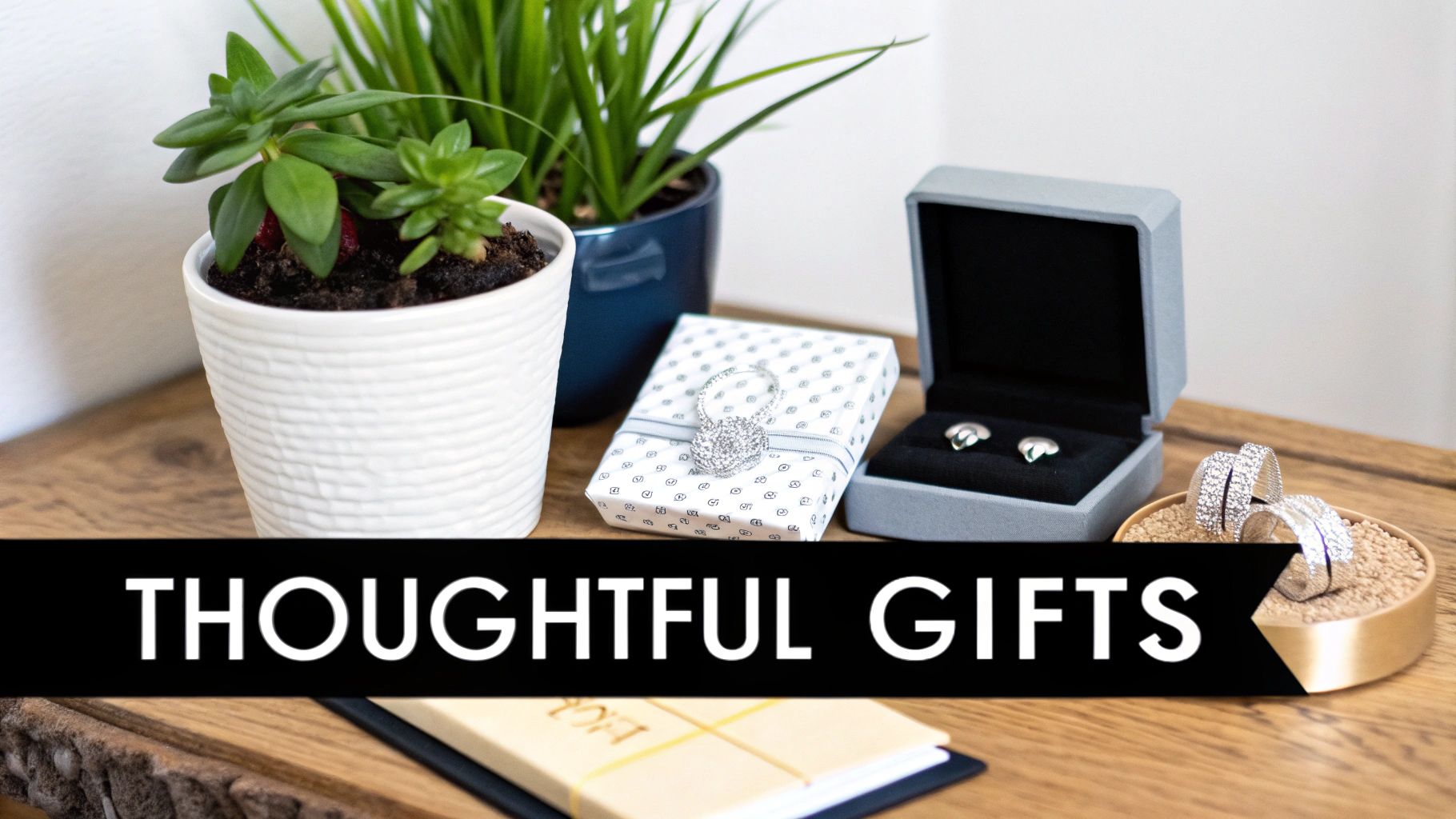 An assortment of thoughtful gifts, including jewelry, potted plants, and a wrapped present, on a wooden table.
