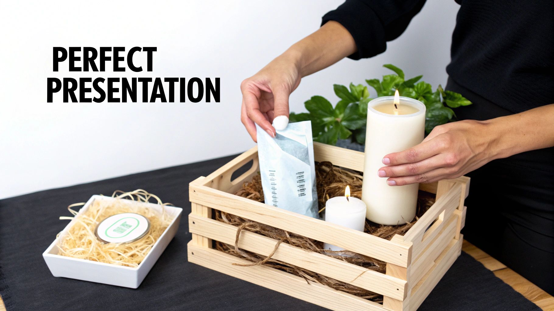 A woman carefully arranges items in a relaxation gift basket.