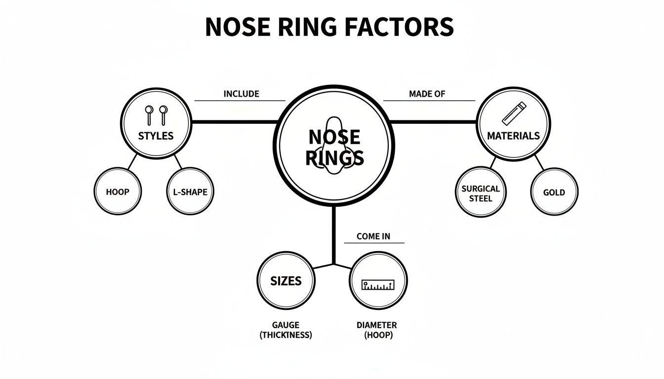 A comprehensive diagram illustrating nose ring factors including styles, materials, and sizes.