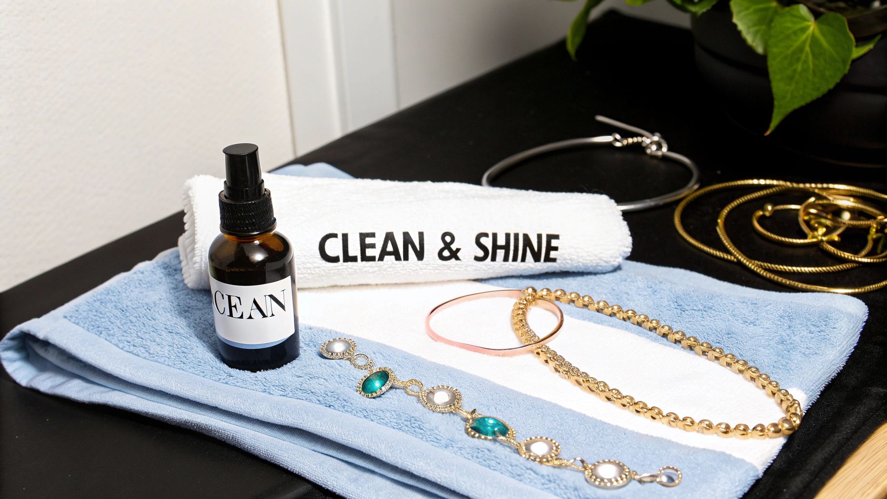 A jewelry cleaner spray bottle on a towel with various gold and silver jewelry pieces.