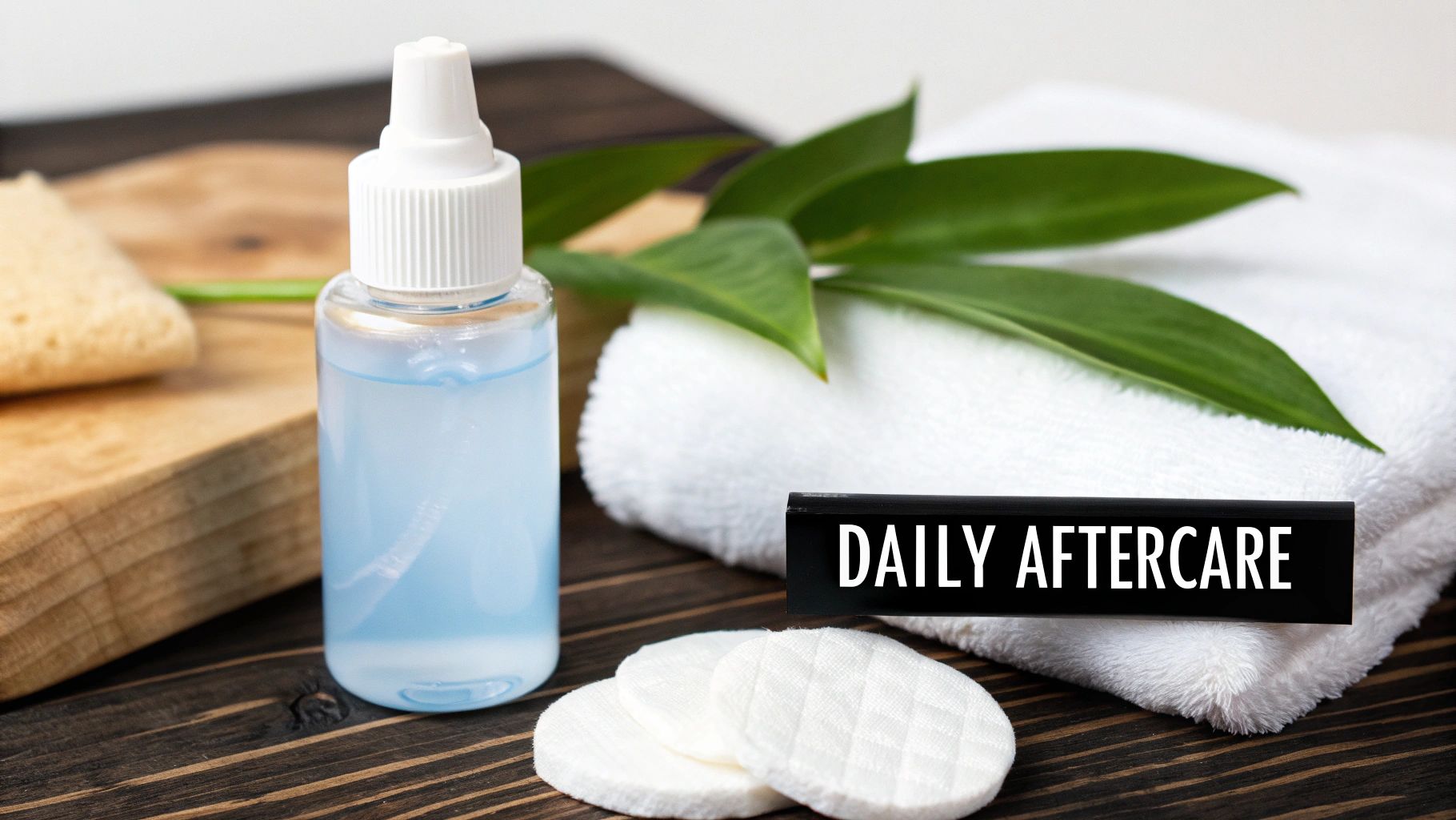 Skincare bottle, cotton pads, and towel for daily aftercare on a wooden table.