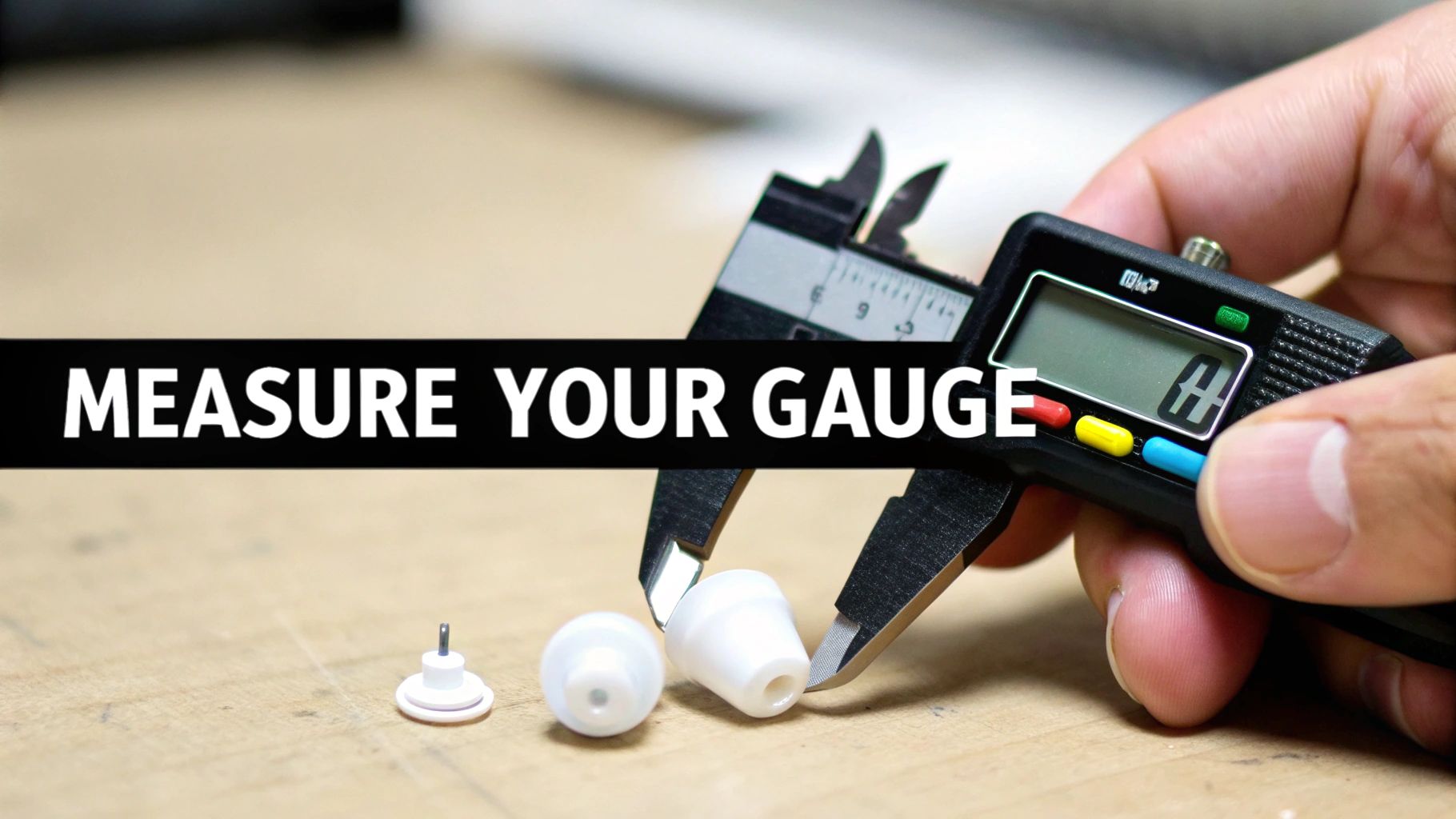 A hand uses a digital caliper to measure white earring gauges on a wooden surface, with text 'MEASURE YOUR GAUGE'.