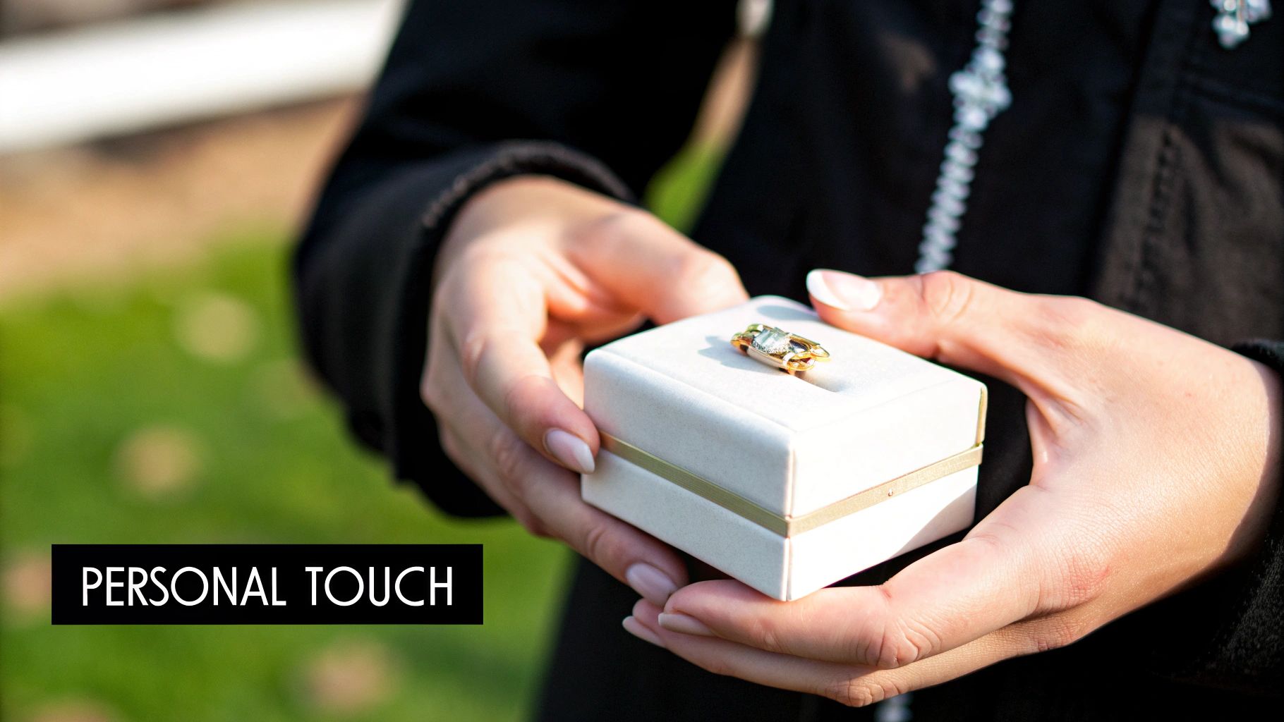 A person's hands gently hold a white gift box with a delicate gold and emerald brooch.