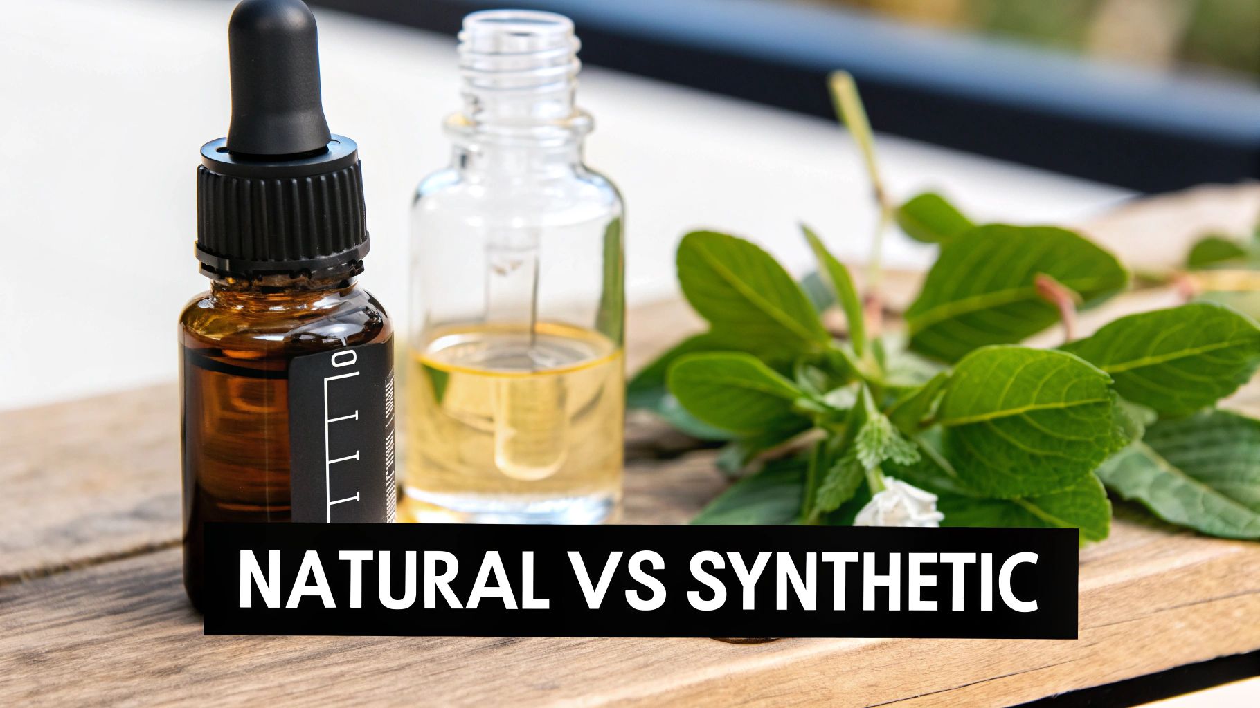 A bottle of fragrance oil next to dried flowers and botanicals, symbolizing the choice between natural and synthetic scents.