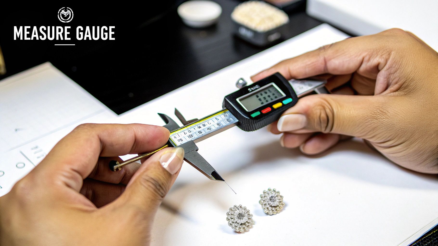 A person using a digital caliper to measure the thickness of a silver ring.