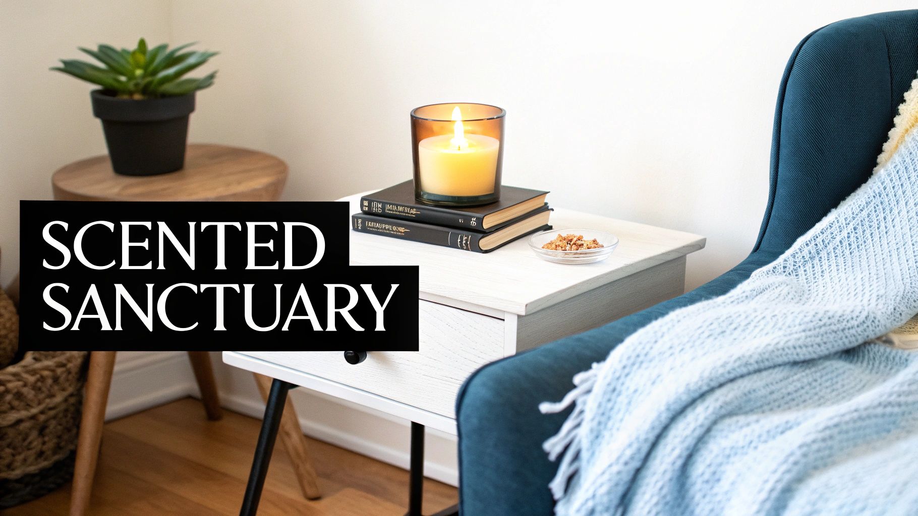 A cozy indoor scene with a lit scented candle on books, a green plant, and a blue blanket on a chair.