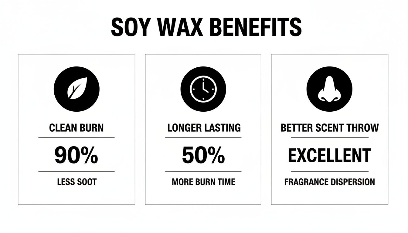 Infographic detailing the benefits of soy wax: clean burn, longer lasting, and better scent throw.