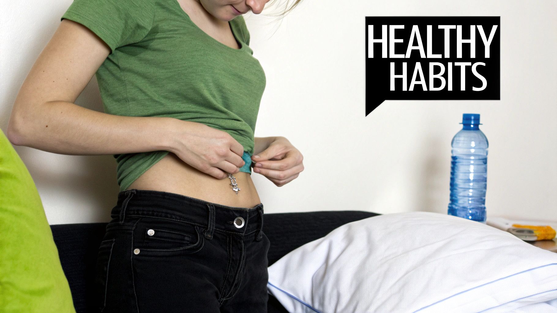 A person wearing loose, comfortable clothing to avoid irritating a new piercing.