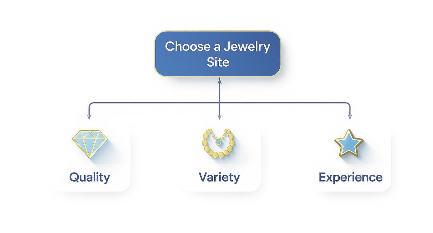 Flowchart illustrating factors for choosing a jewelry site: quality, variety, and customer experience.