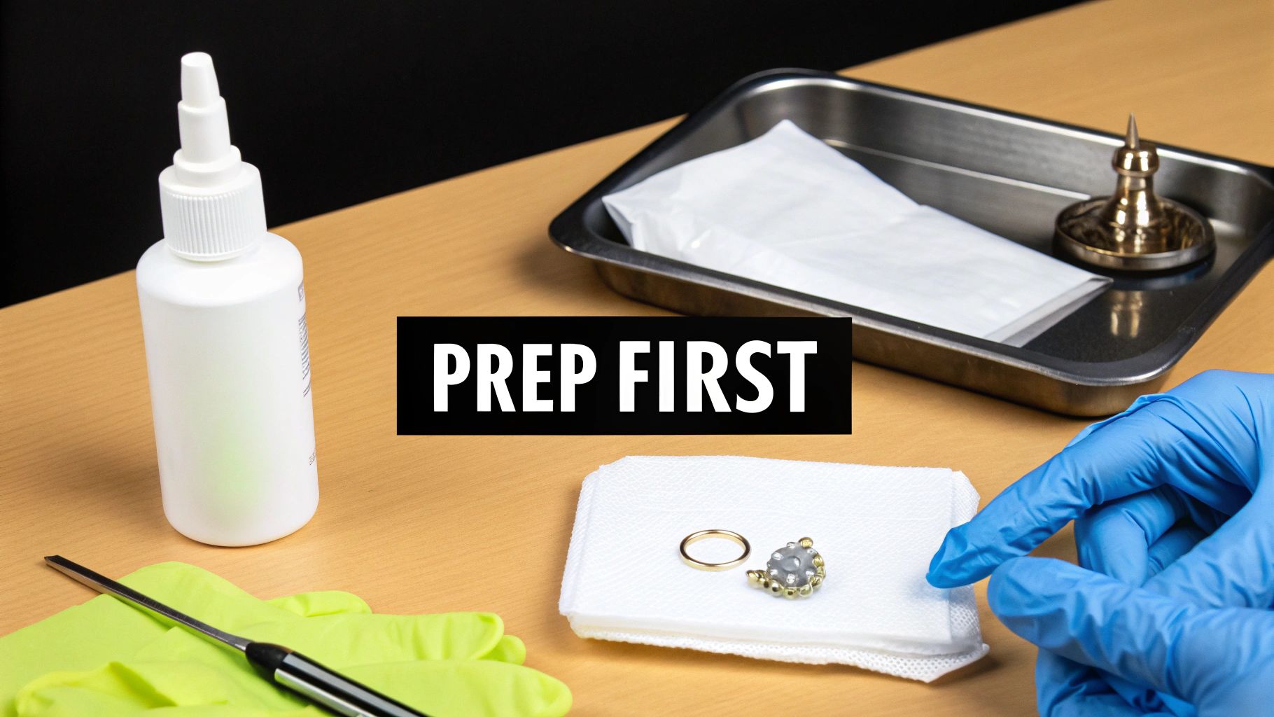 A sterile setup featuring a white bottle, tools, jewelry, and a gloved hand, with 'PREP FIRST' overlay.
