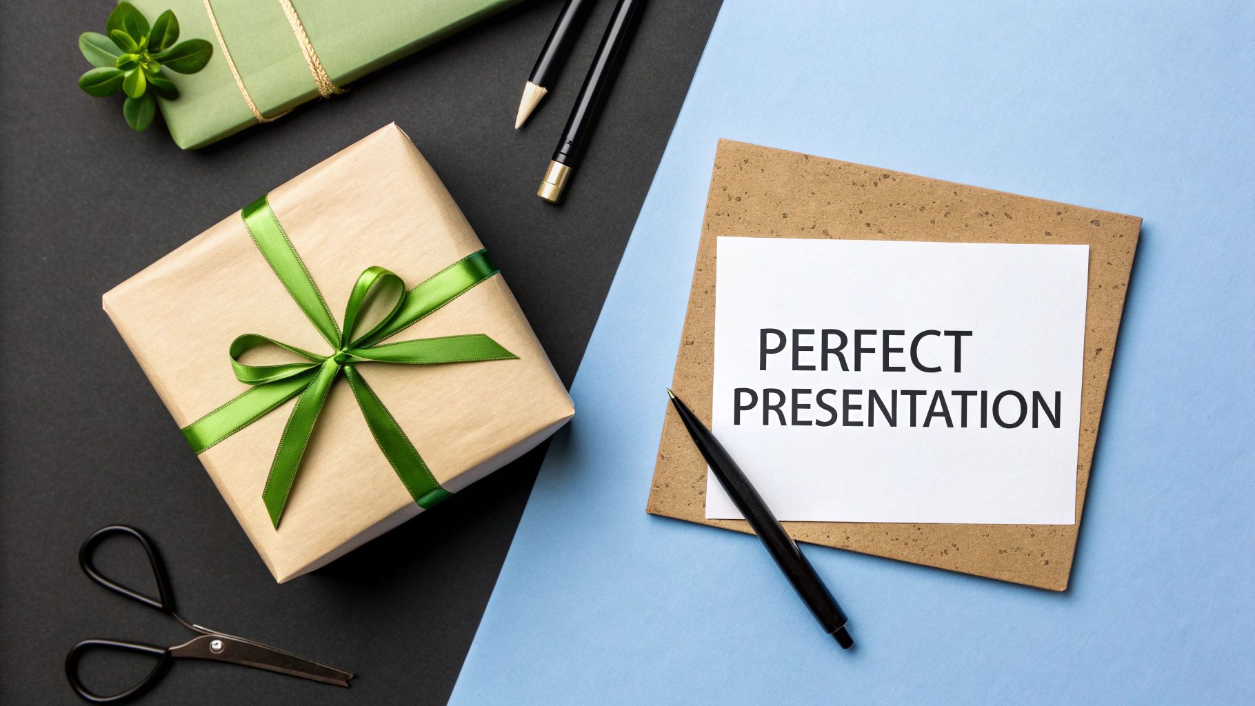 Overhead view of two wrapped gifts, office supplies, and a note saying 'Perfect Presentation' on a split background.