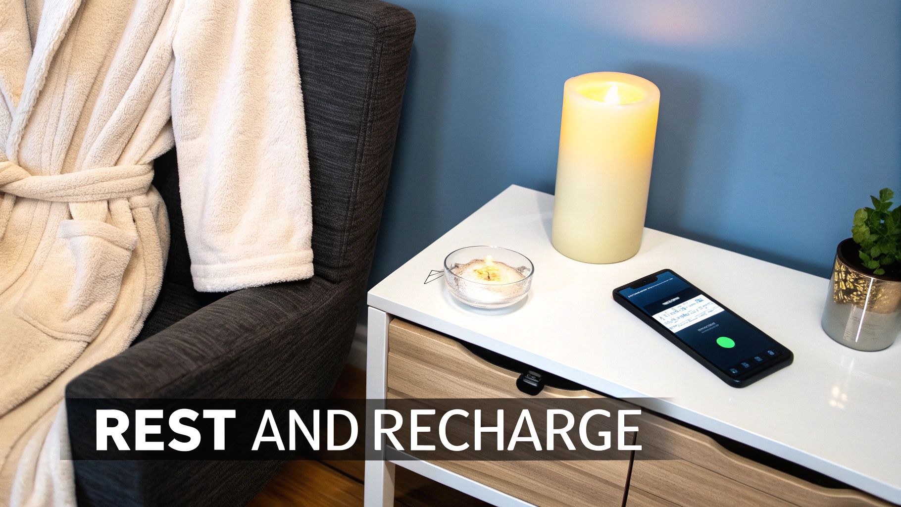 A fluffy bathrobe draped over an armchair next to a nightstand with a candle and phone for relaxation.