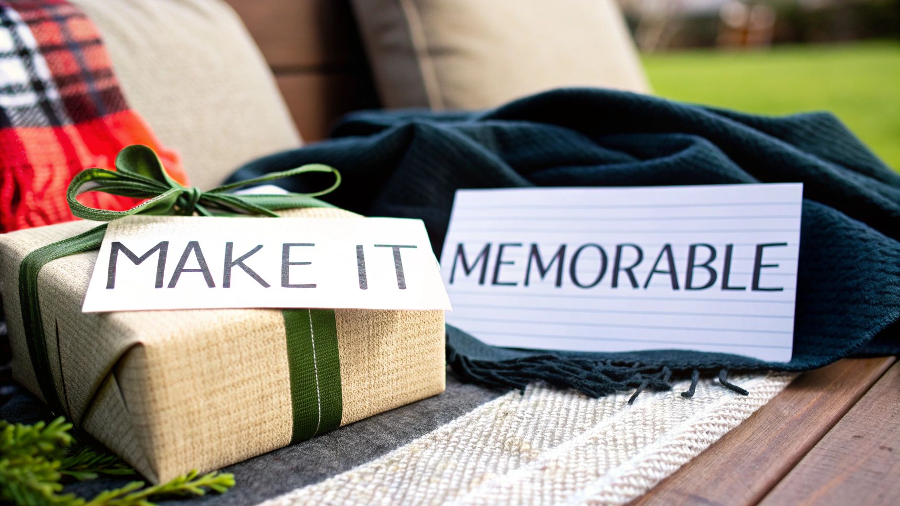 A thoughtful Christmas gift wrapped with green ribbon and a tag reading 'MAKE IT MEMORABLE'.