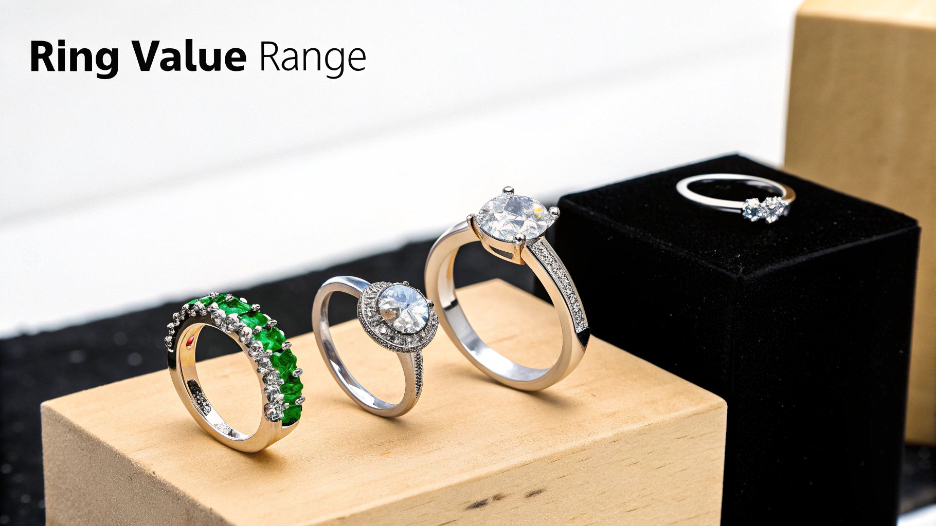 A stylish display of assorted silver-toned rings with clear and green gemstones, showcasing a 'Ring Value Range'.