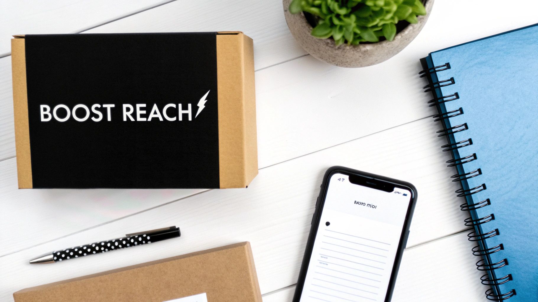 A flat lay of a modern workspace with a 'BOOST REACH' box, phone, notebook, and pen.