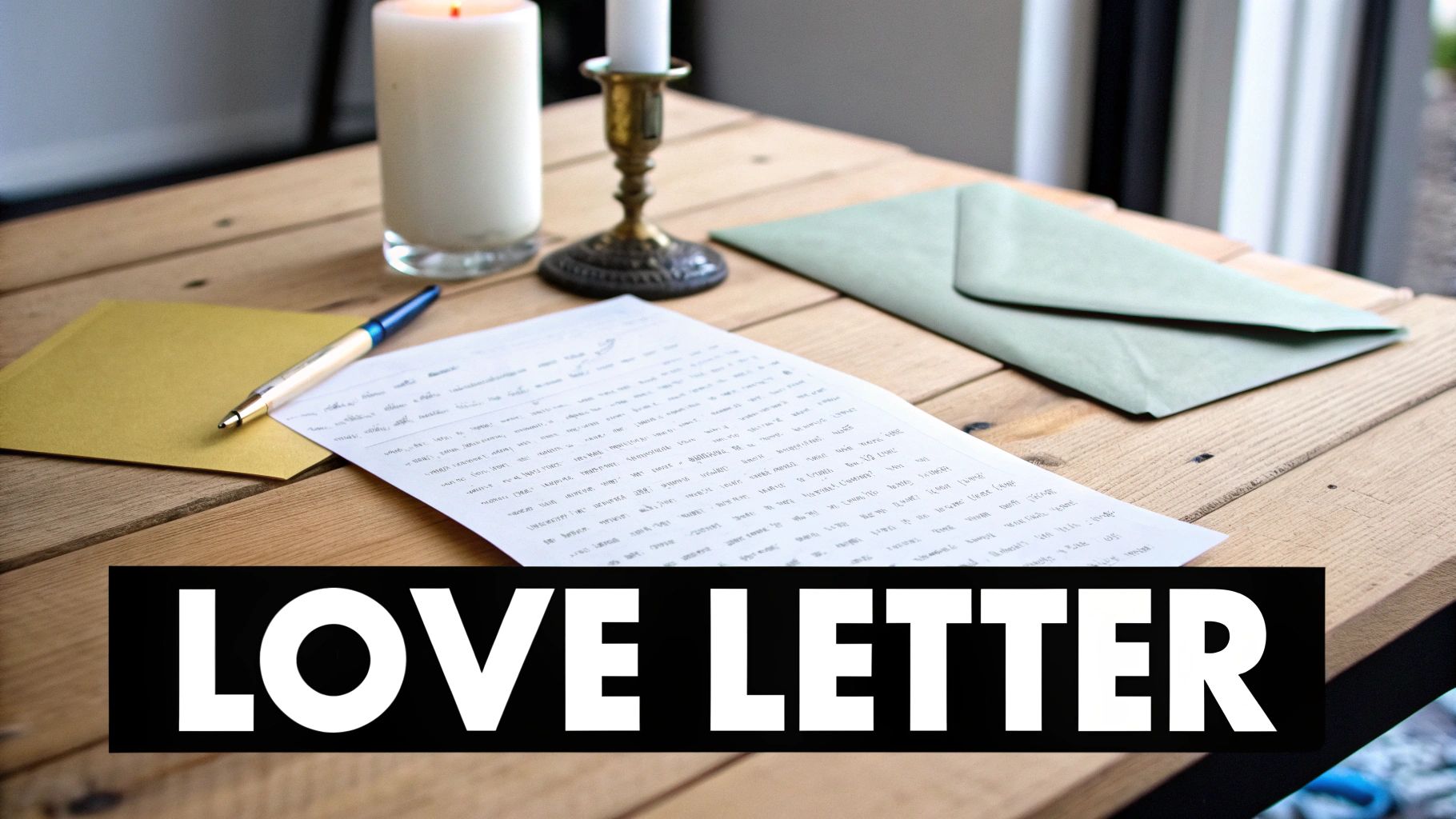 A handwritten love letter, pen, and envelopes on a rustic wooden table with a lit candle.